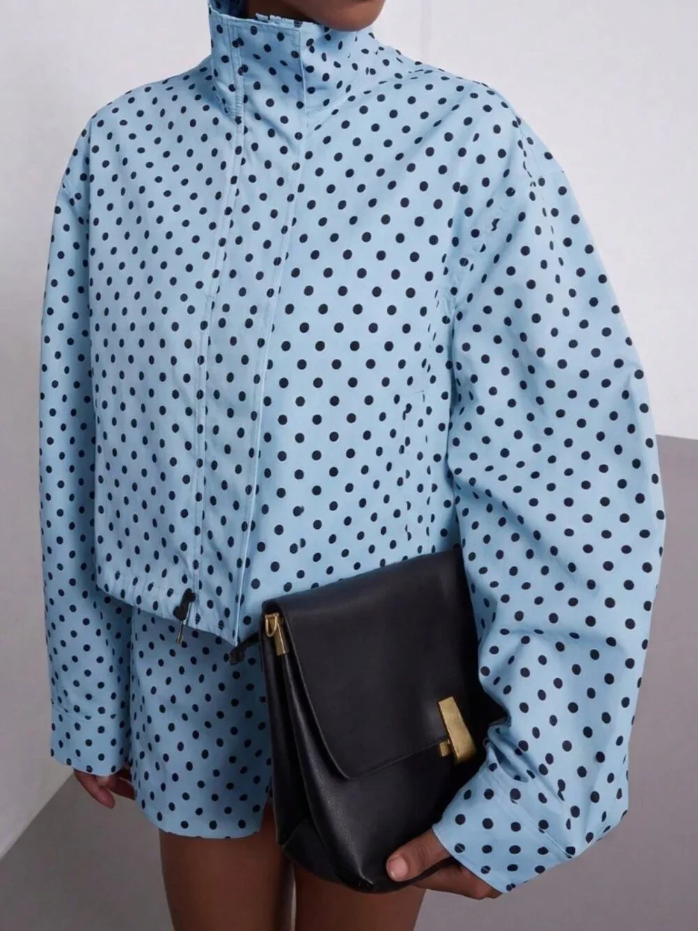 Sky Blue Casual Women's Polka Dot Stand Collar Bomber Jacket_5